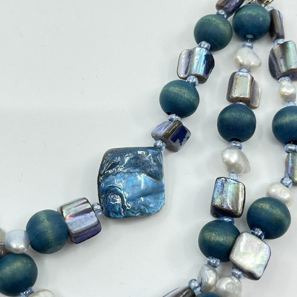 VTG Retro Boho Teal Multi-Strand Necklace Wood Mother Of Pearl Suede Y2K Coastal